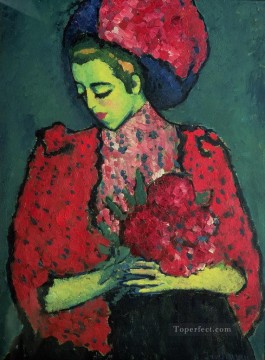 Alexey Petrovich Bogolyubov Painting - young girl with peonies 1909 Alexej von Jawlensky